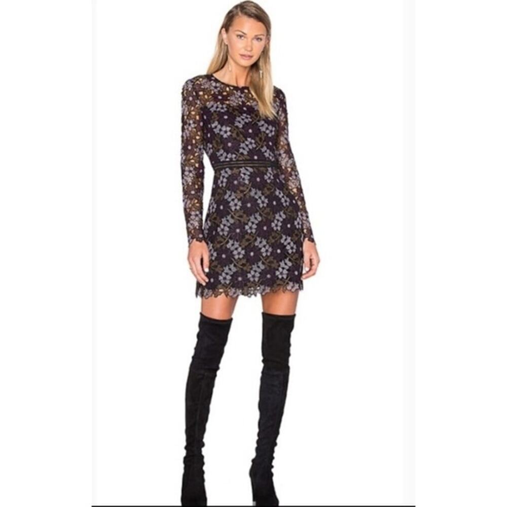 CYNTHIA ROWLEY Linden Purple Black Lace Floral Bell Sleeves Mini Dress Size 4